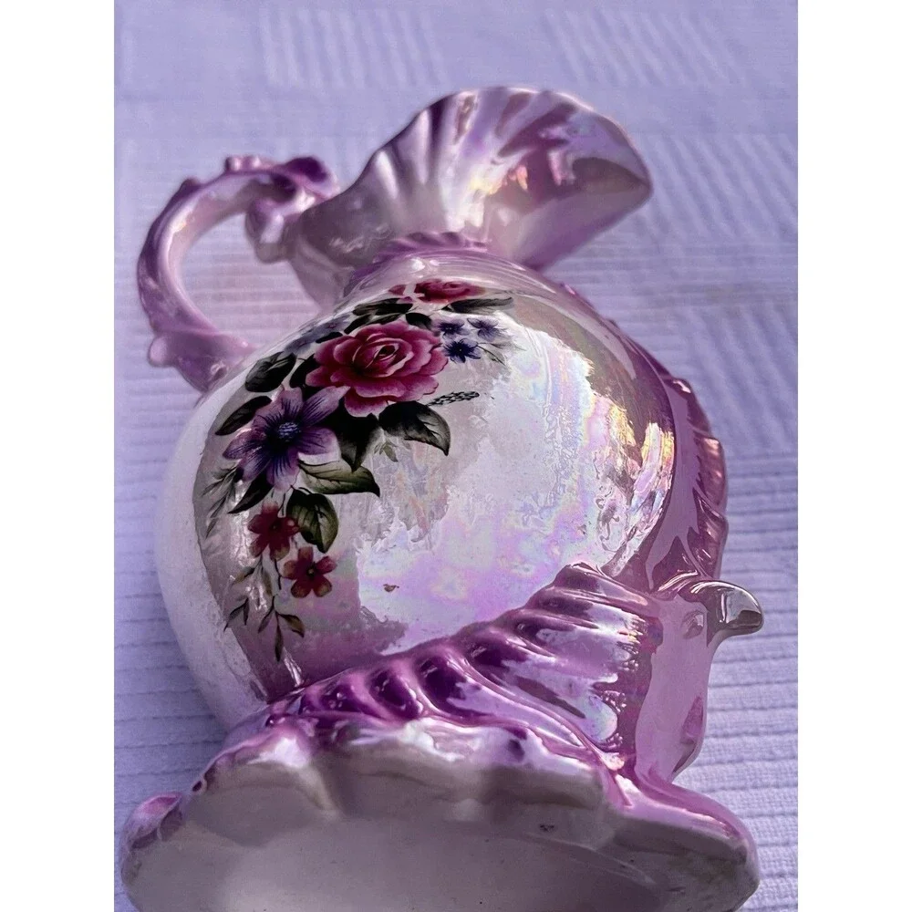 Vintage Pink Purple Ombre Iridescent Lusterware Floral Ewer Pitcher Vase 9”
